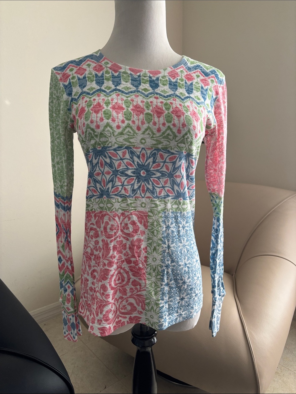 Patchwork-Print Long Sleeve Crewneck Top - Pink, Blue & Green